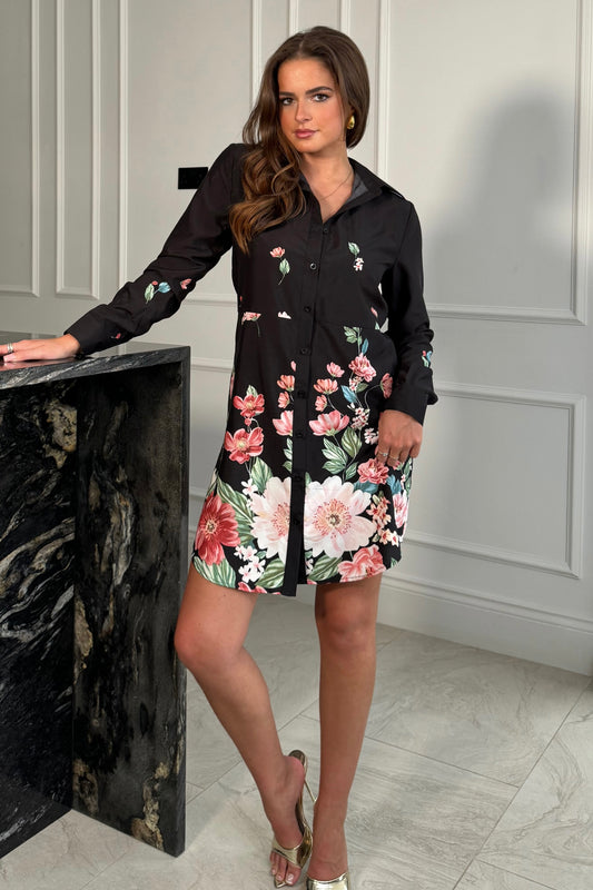 Alana Floral Boarder Print Shirt Dress Black
