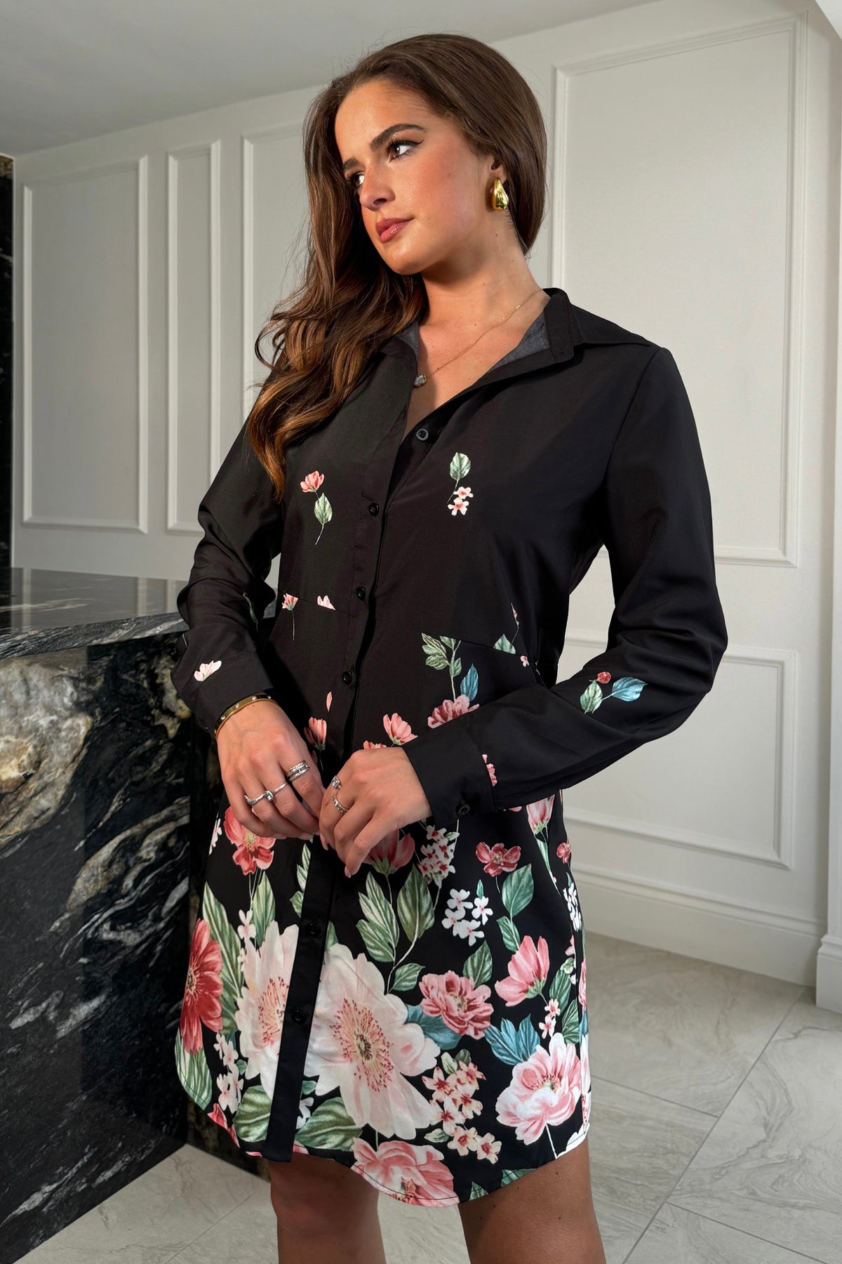 Alana Floral Boarder Print Shirt Dress Black
