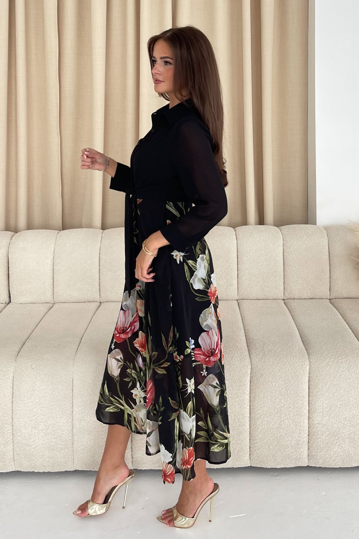 Isabella Floral Tie Front Shirt Dress Black Floral