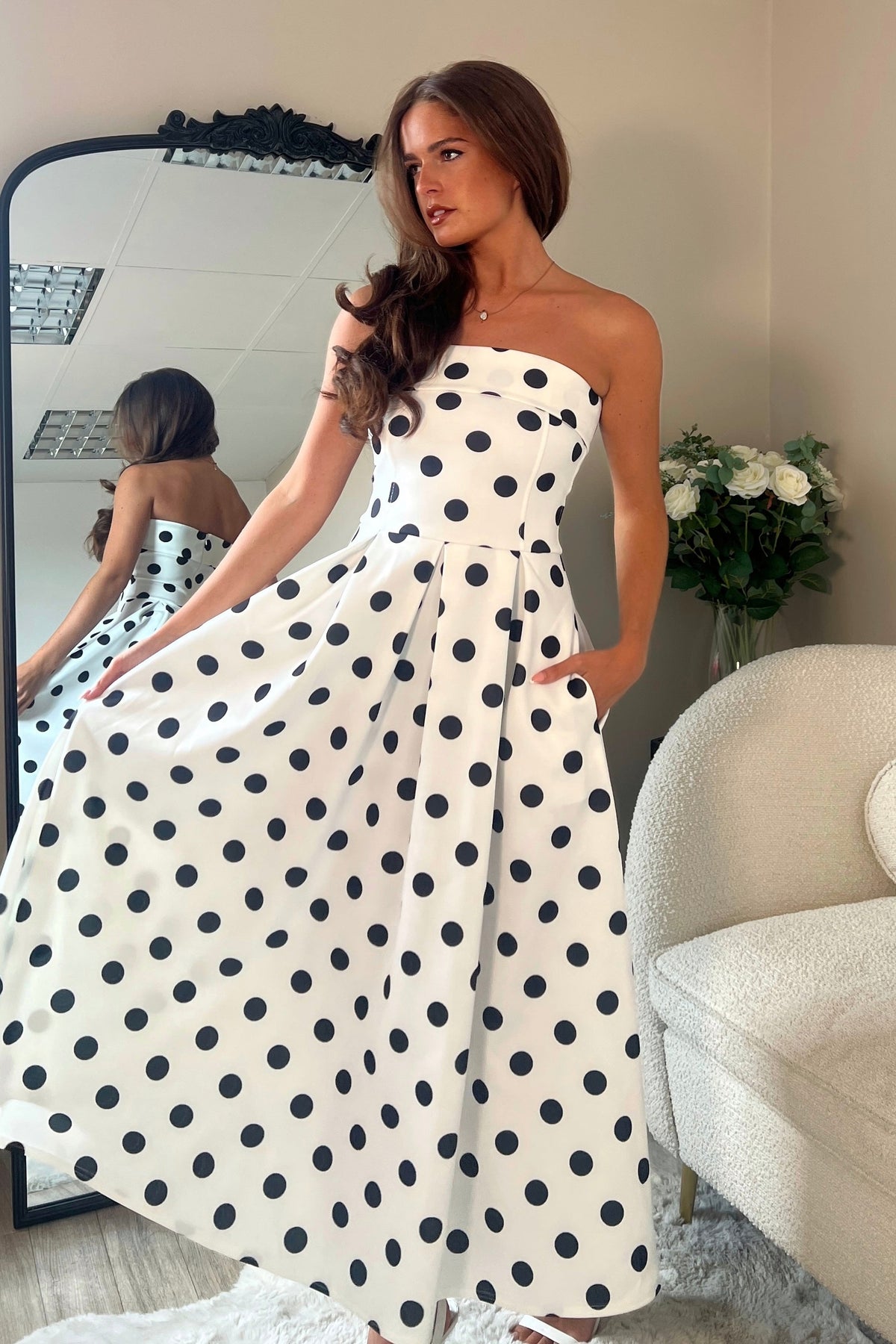Danni Strapless Bandeau Midi Dress Spot Print