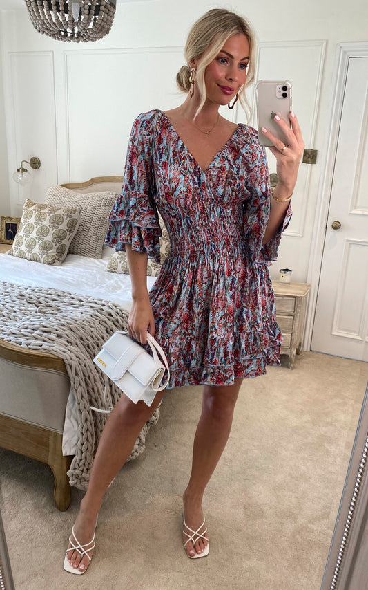 Summer Mini Dress in Abstract Leaf Multi Print
