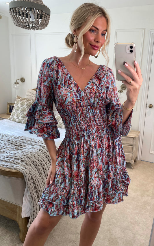 Summer Mini Dress in Abstract Leaf Multi Print