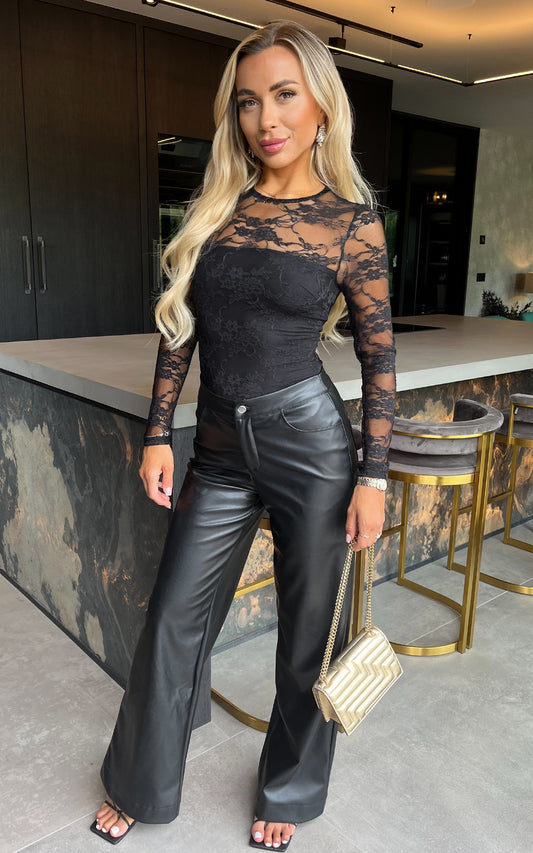 Black Lace Overlay Long Sleeve Bodysuit