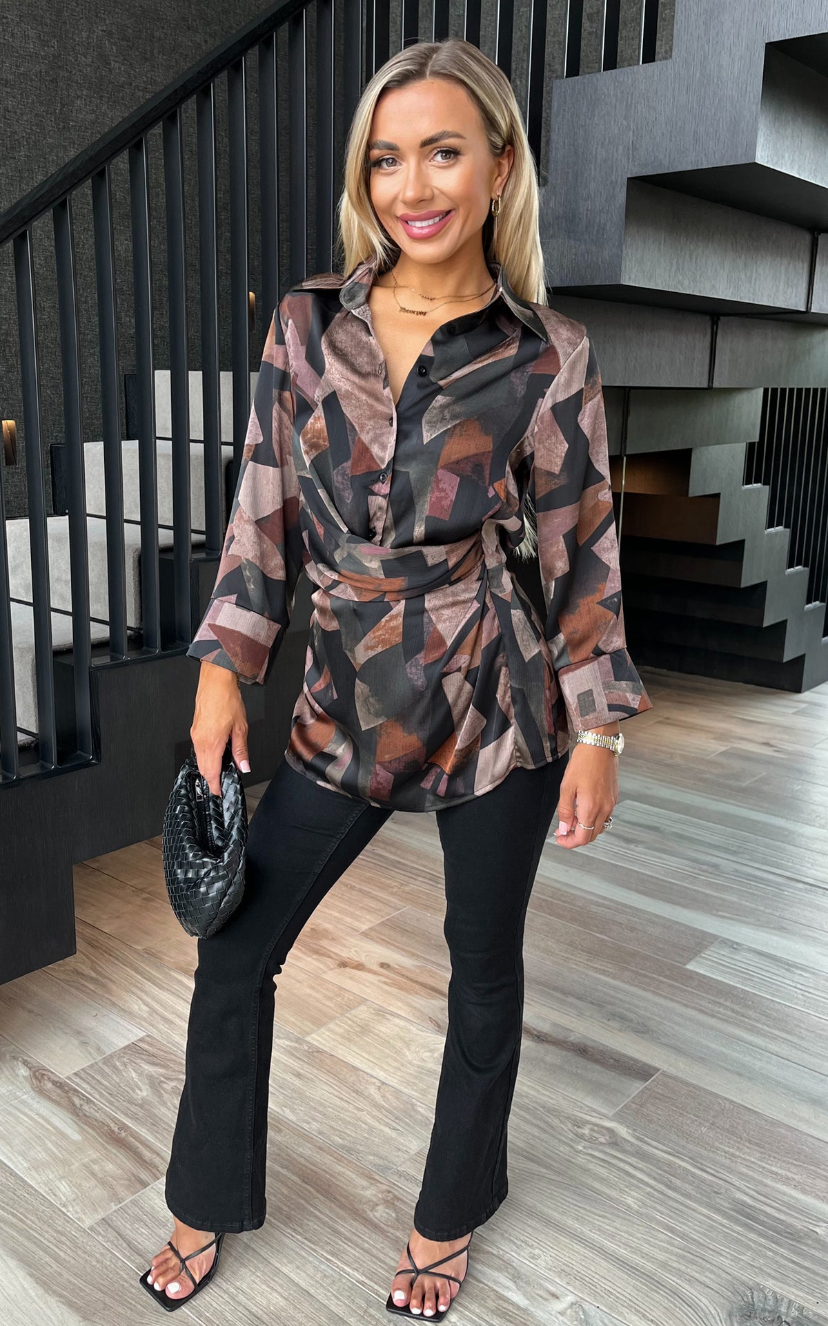 Multi Abstract Print Collared Gathered Waist Top