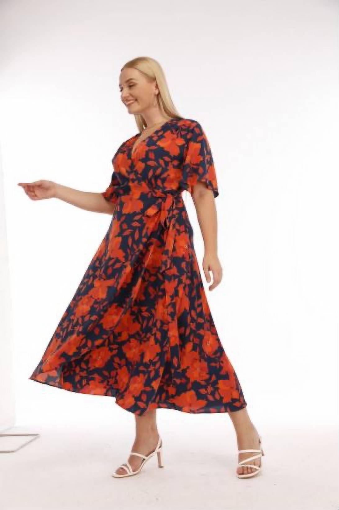 Plus Size Orange/navy floral print plunge neck maxi wrap dress