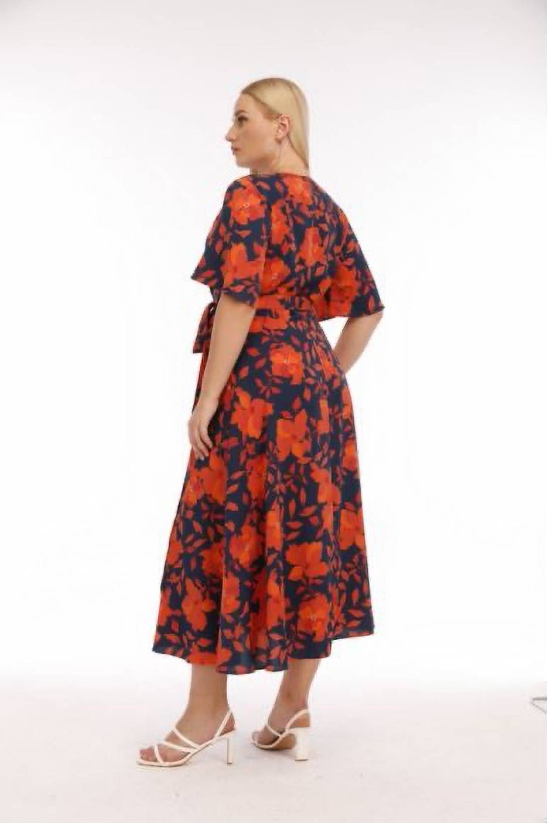 Plus Size Orange/navy floral print plunge neck maxi wrap dress
