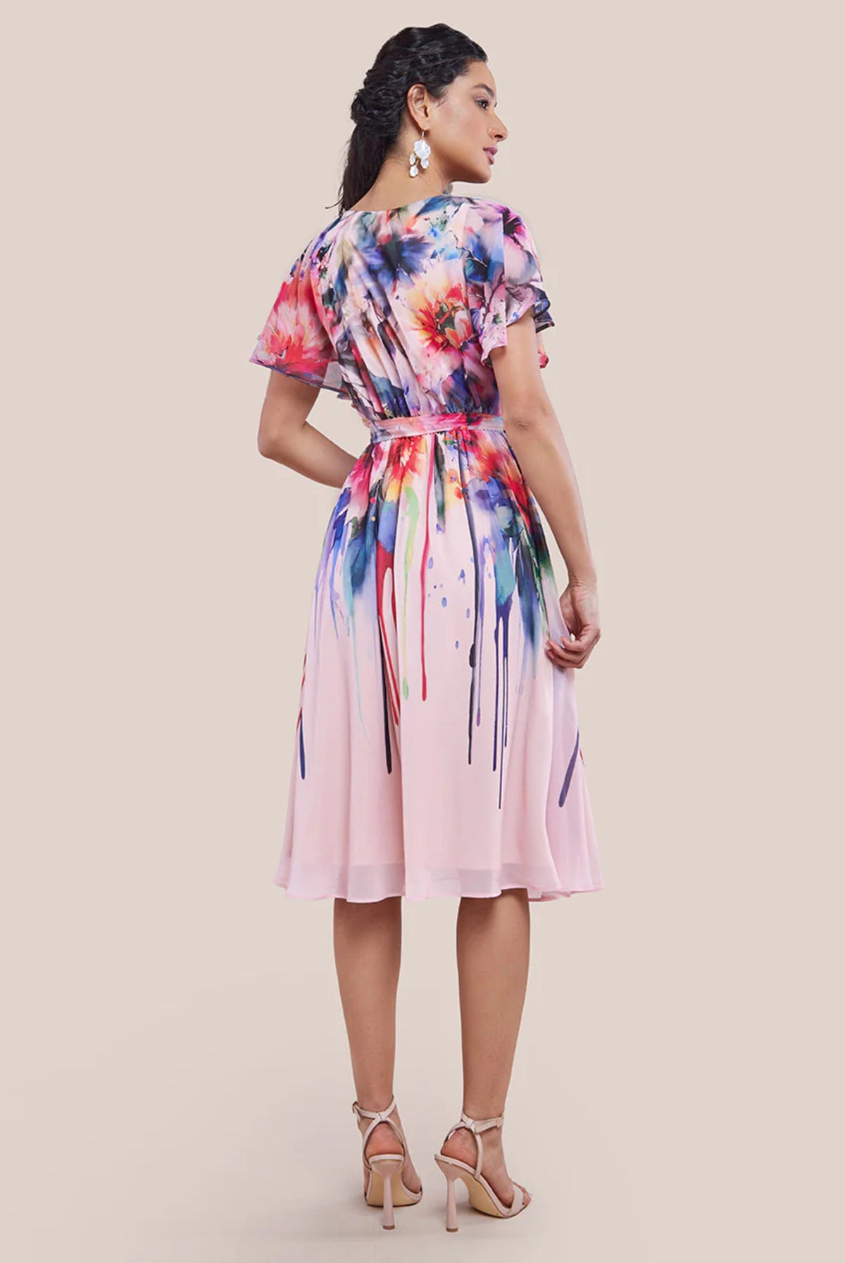 Flutter Sleeve Floral Bodice Midi Dress in Blush