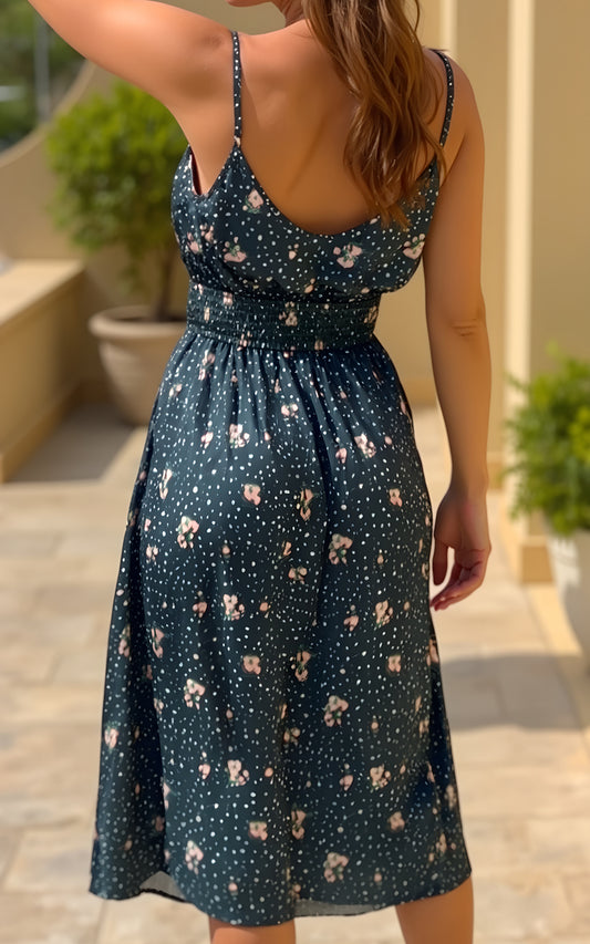 Cami pink floral print midi dress with smock detail in dark green