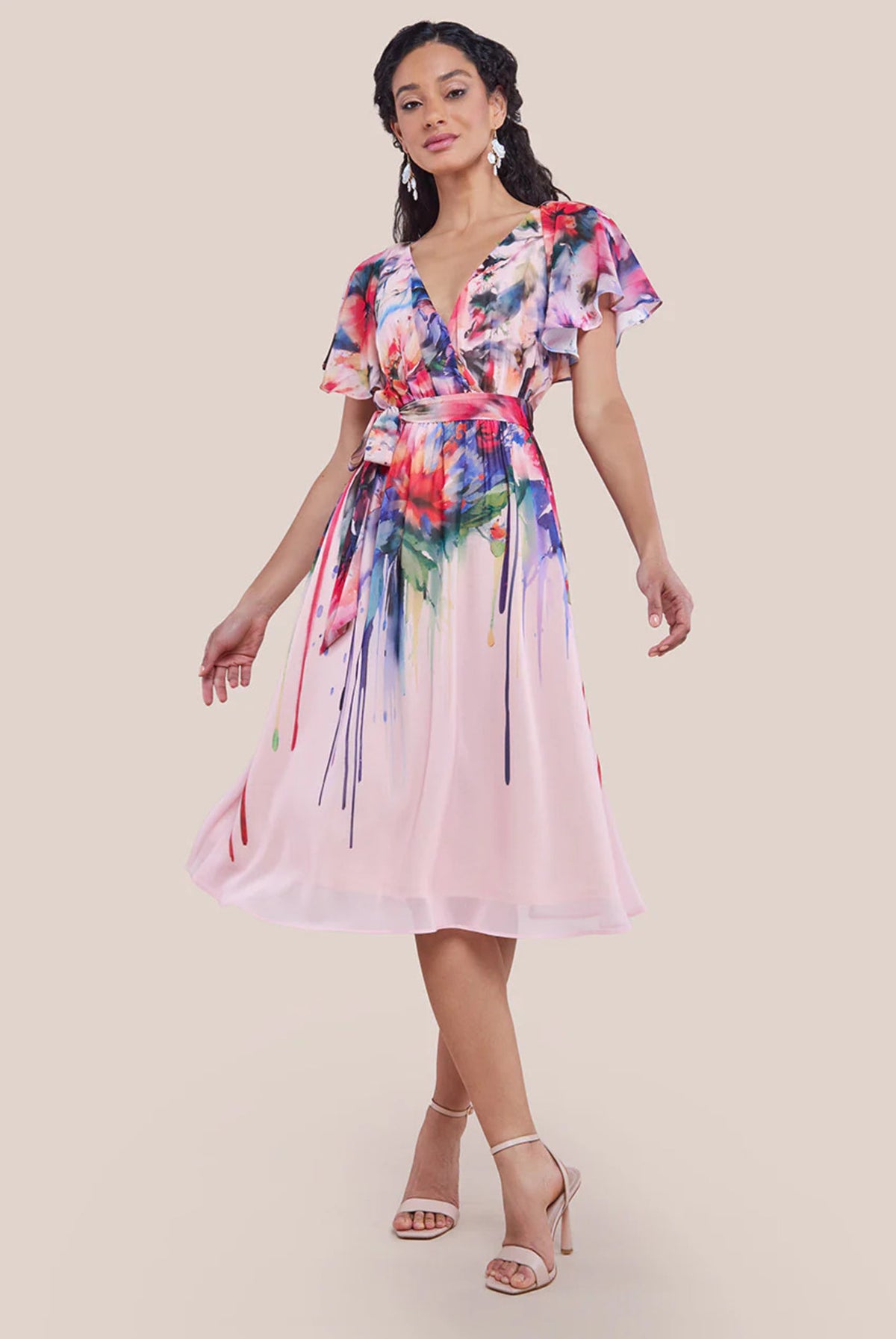 Flutter Sleeve Floral Bodice Midi Dress in Blush