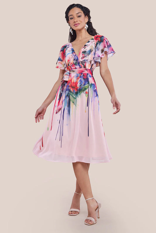 Flutter Sleeve Floral Bodice Midi Dress in Blush