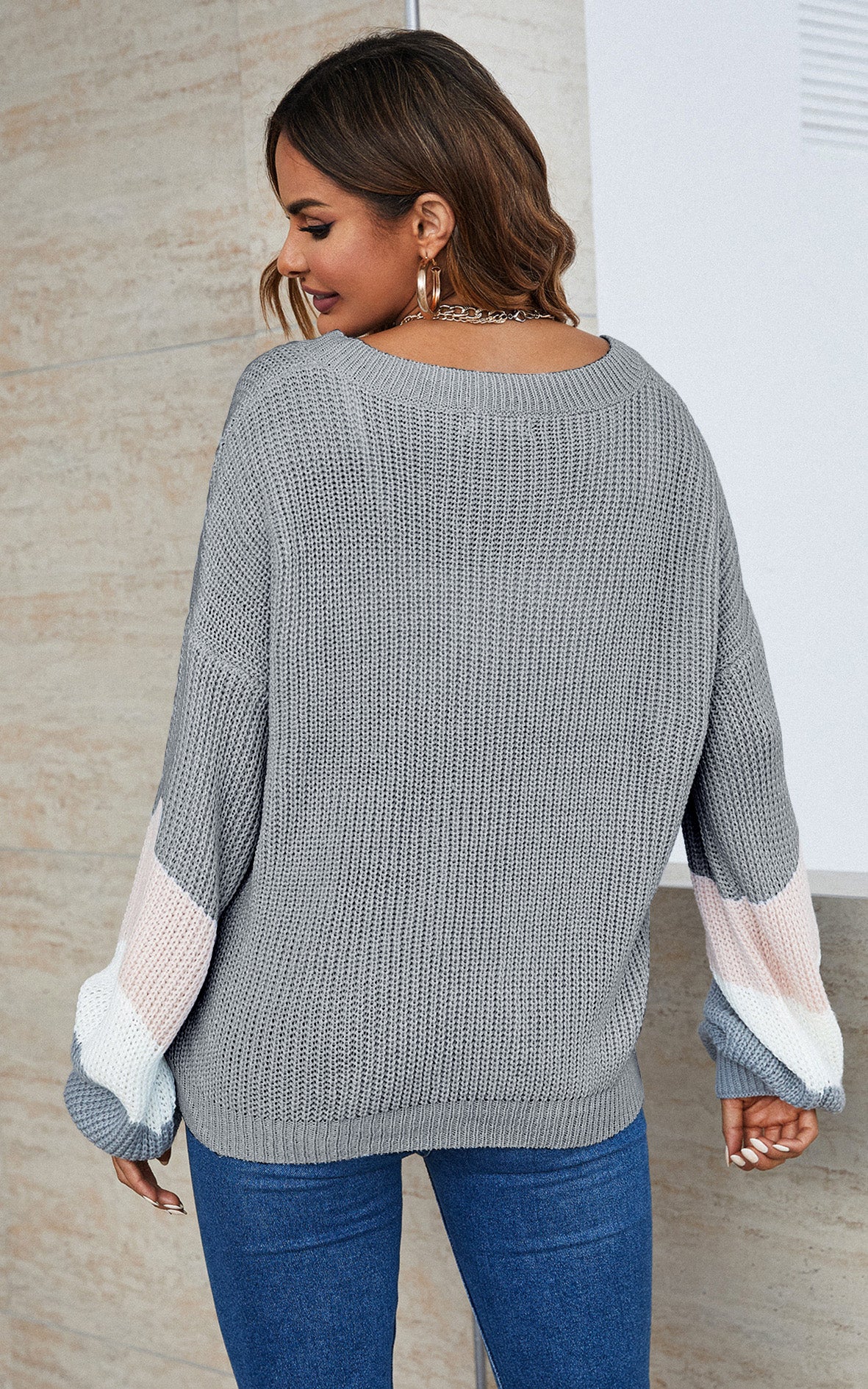 Peach Pink & White Striped Jumper In Grey