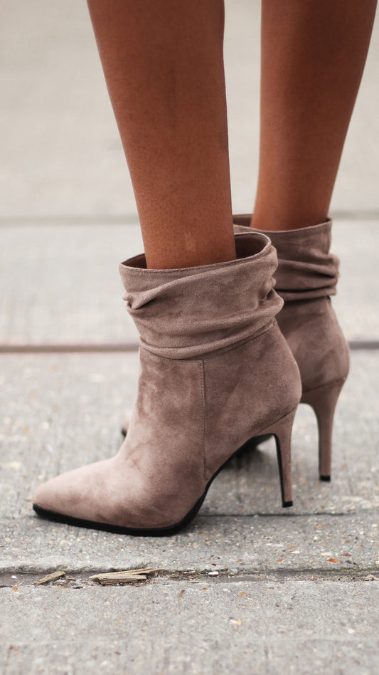 Eclipse Mocha Suede Ruched Pointed Stiletto Boot Heel