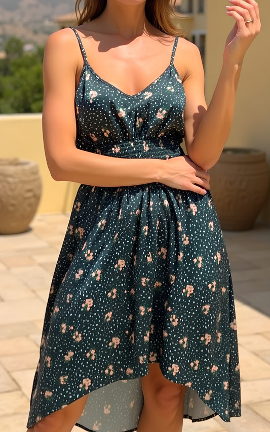 Cami pink floral print midi dress with smock detail in dark green