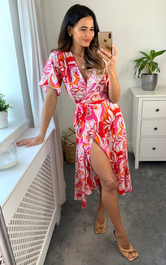 Floral print wrap dress with belt fastening in pink
