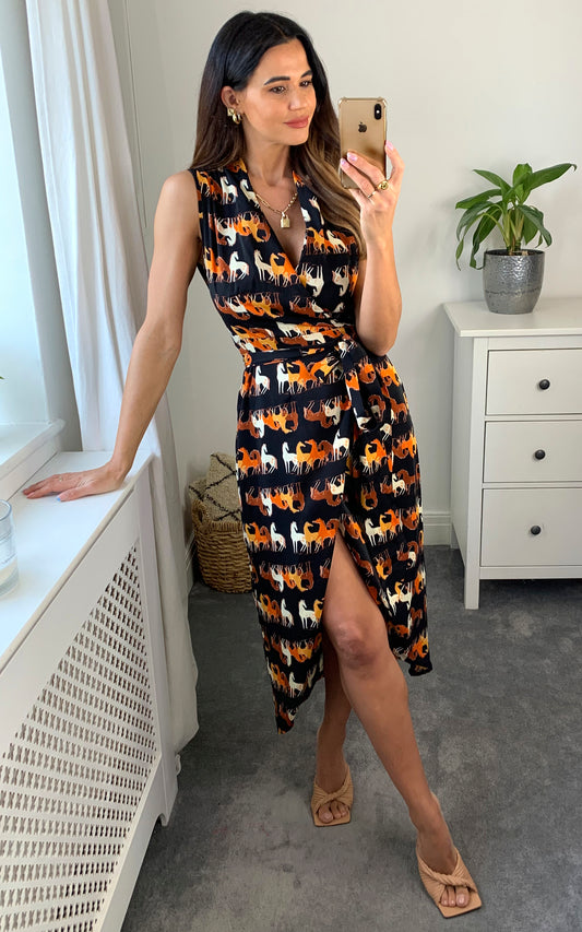 Sleeveless animal print midi wrap dress