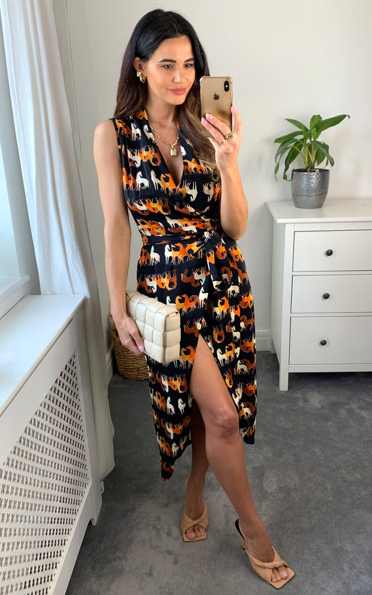 Sleeveless animal print midi wrap dress