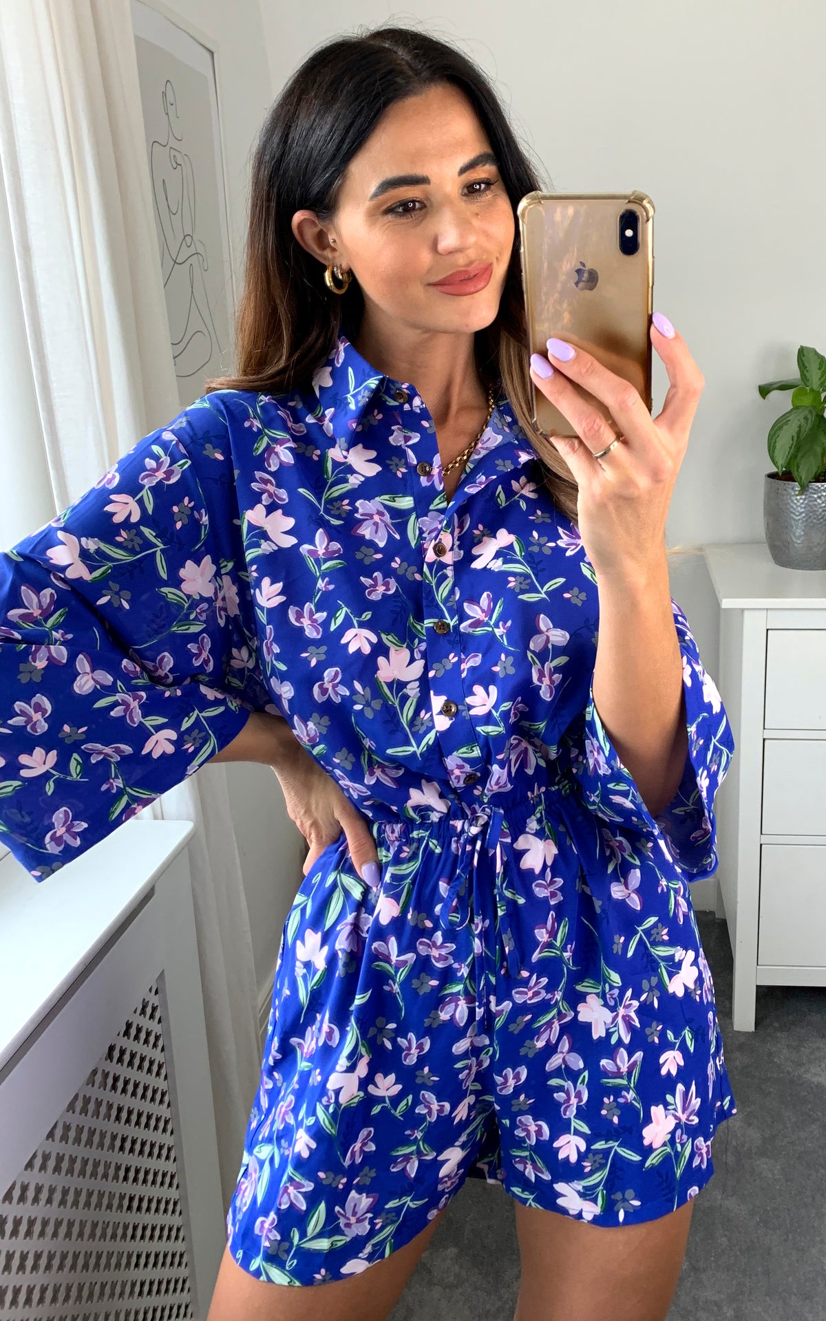 Floral print collared playsuit in blue