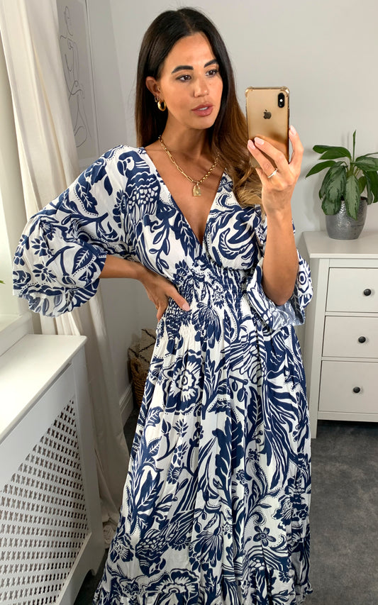 Oversized V Neck Detailed Floral Print Maxi Dress in Navy and White