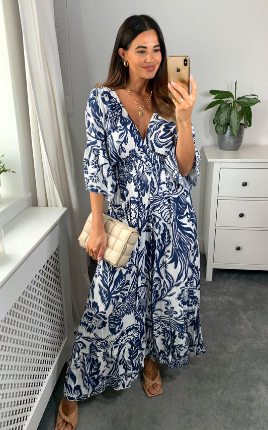 Oversized V Neck Detailed Floral Print Maxi Dress in Navy and White