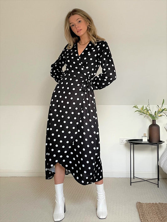 Vale Wrap Midi Dress- Black Polka Dot