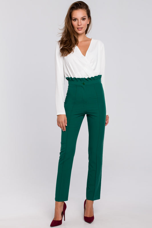 High Waist Trousers With Ruffled Belt in Green