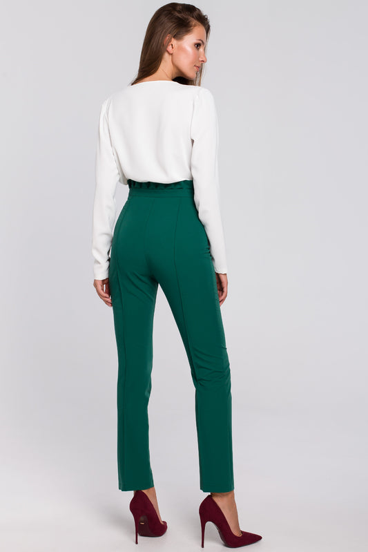 High Waist Trousers With Ruffled Belt in Green
