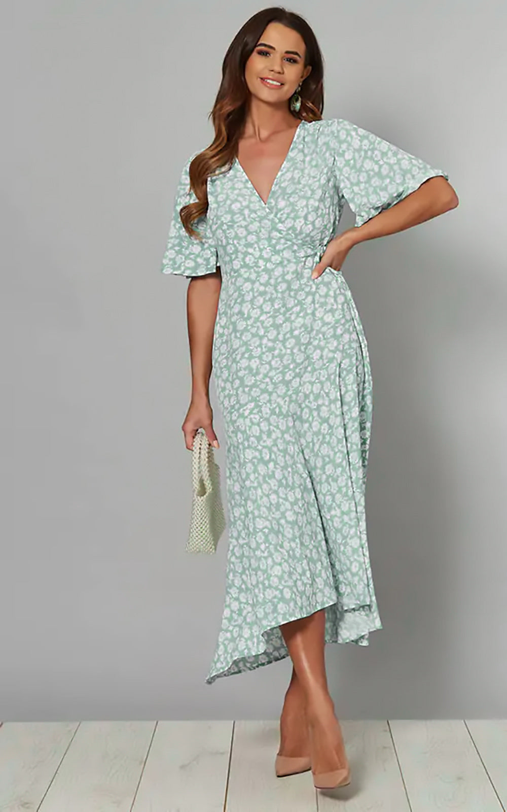 BOBBIE Angel Sleeve Wrap Midi Dress in Blue Mint Floral Print