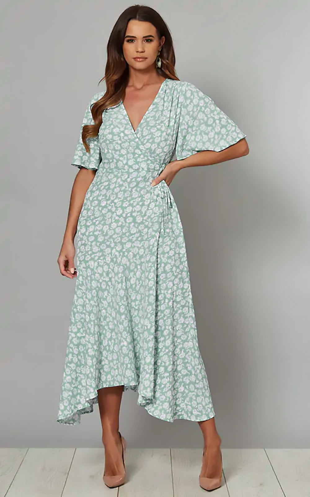 BOBBIE Angel Sleeve Wrap Midi Dress in Blue Mint Floral Print