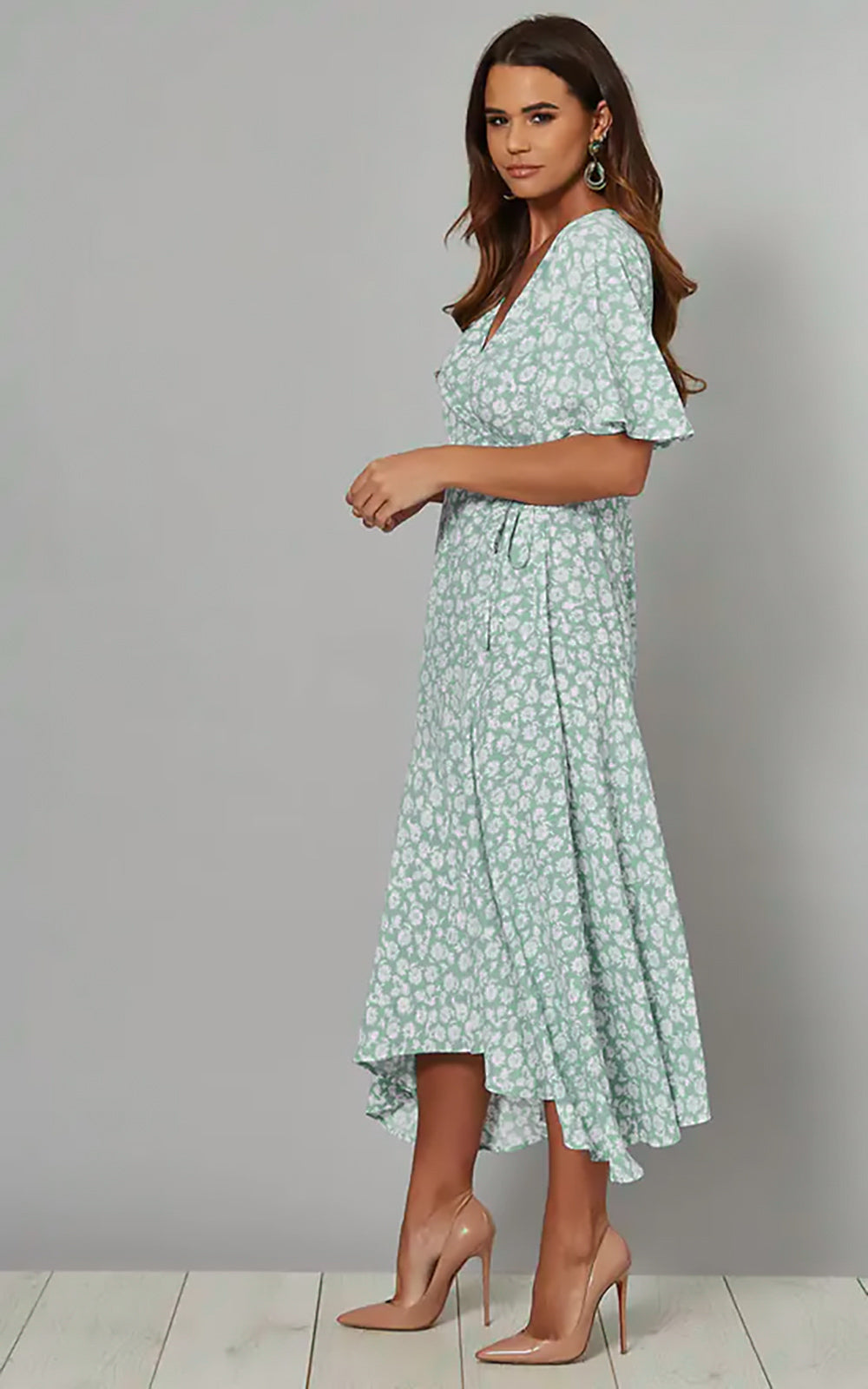 BOBBIE Angel Sleeve Wrap Midi Dress in Blue Mint Floral Print