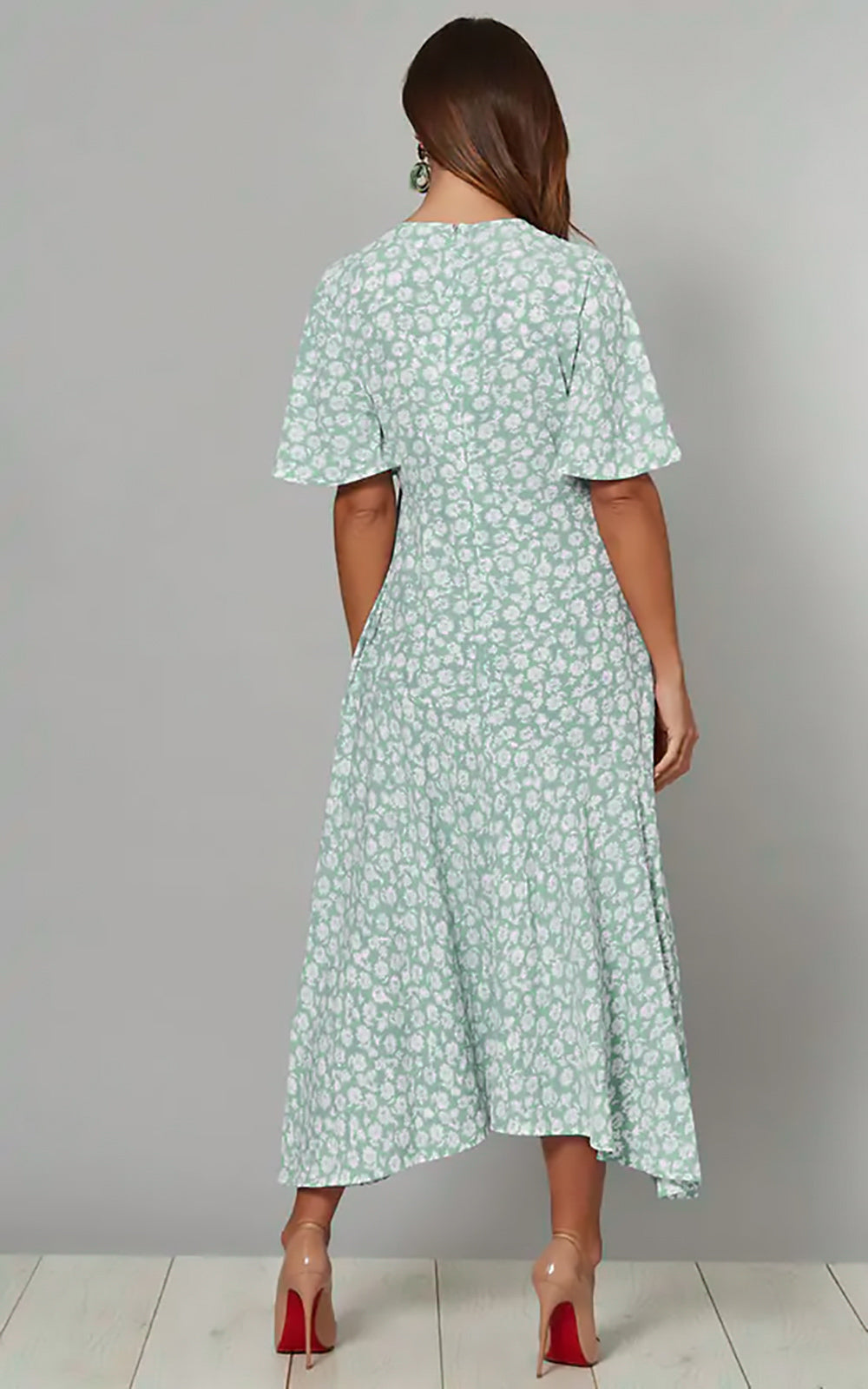 BOBBIE Angel Sleeve Wrap Midi Dress in Blue Mint Floral Print
