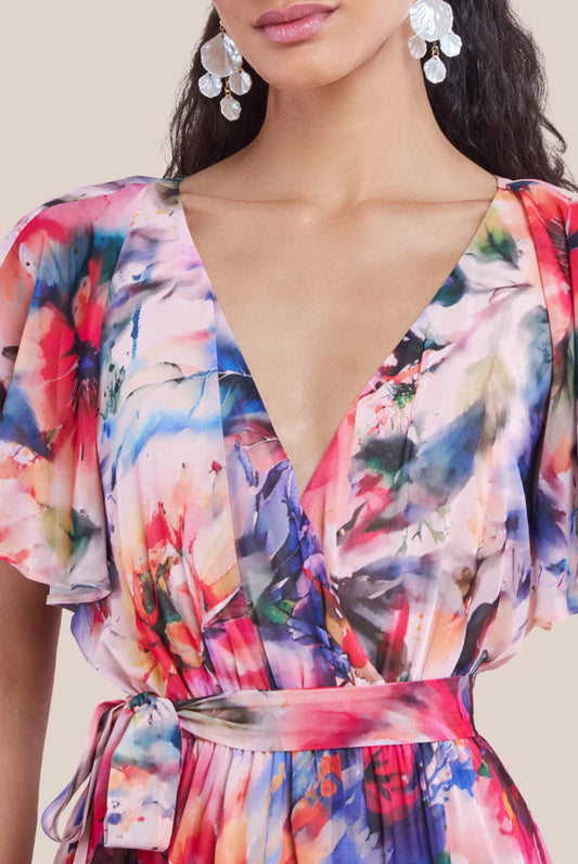 Flutter Sleeve Floral Bodice Midi Dress in Blush