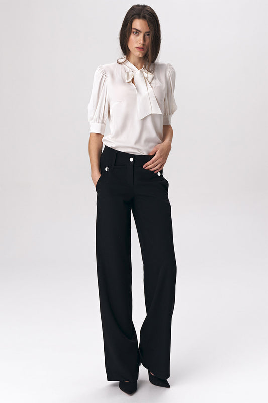 Wide Leg Office Trousers with Pockets in Black