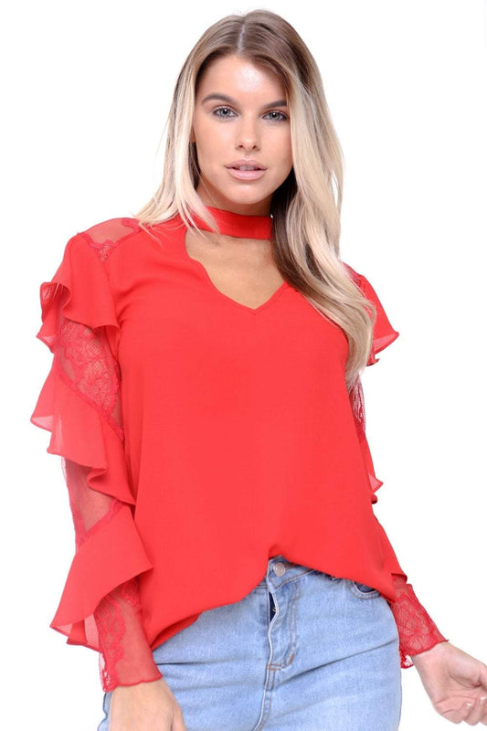 CORAL CHOKER BLOUSE WITH RUFFLE LACE SLEEVES